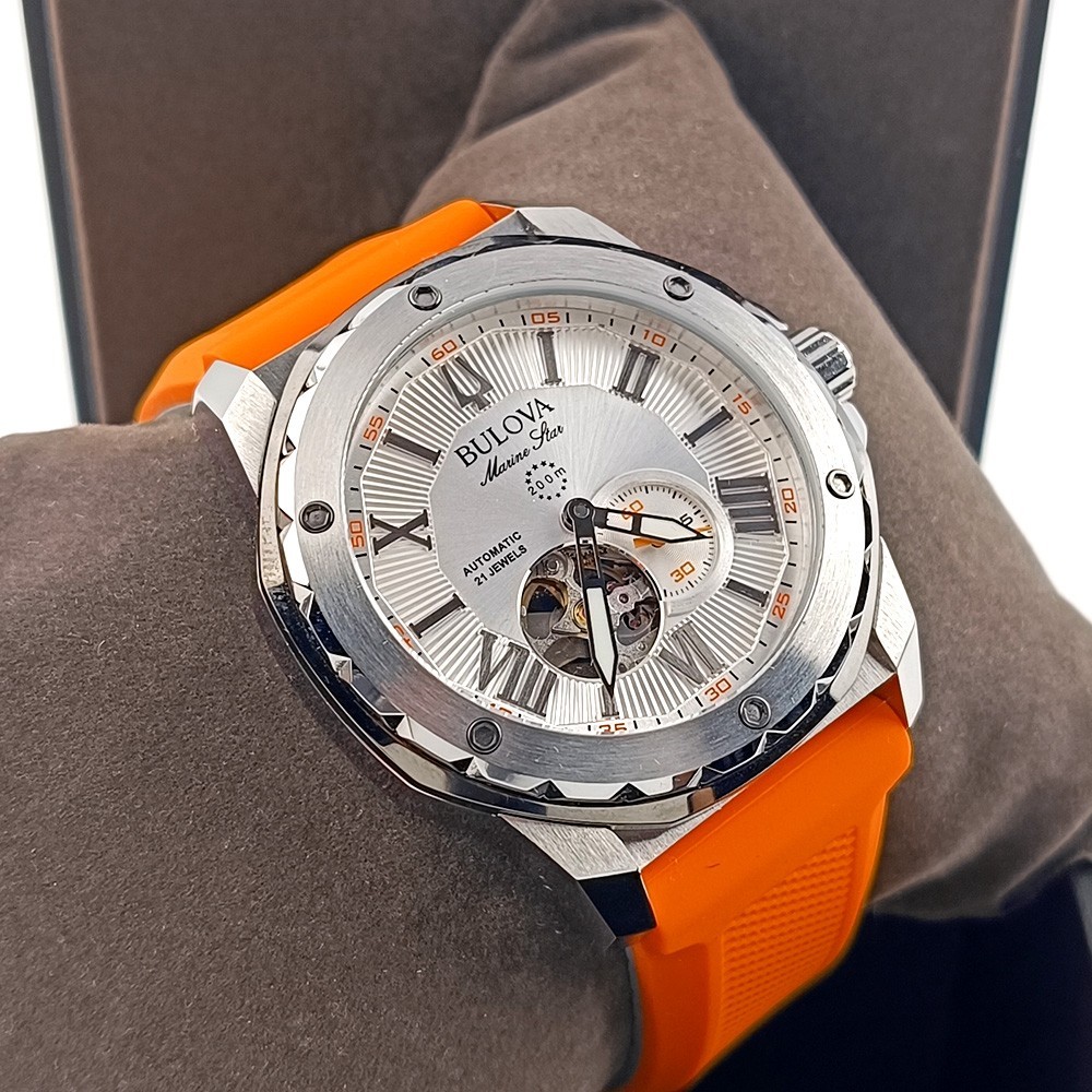 Bulova Marine Star 98A226 Silver Dial Orange Rubber Strap Automatic Men’s Watch