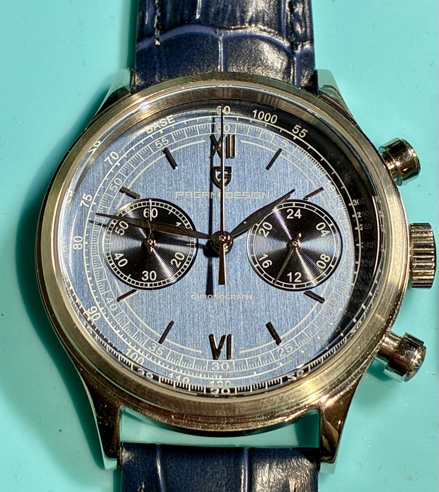 PAGANI DESIGN 40MM CHRONO VINTAGE STYLE BLUE BICOMPAX DIAL SEIKO VK64 QUARTZ