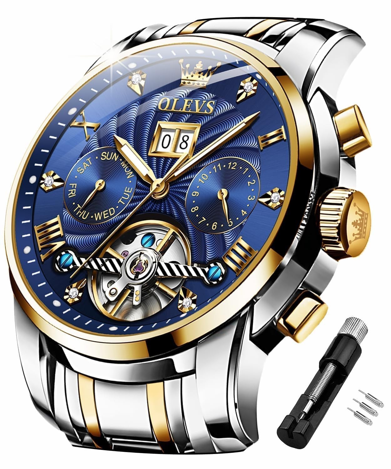 Automatic Men’s Skeleton Tourbillon Watch, Luxury Diamond Dress Wristwatch, Wate