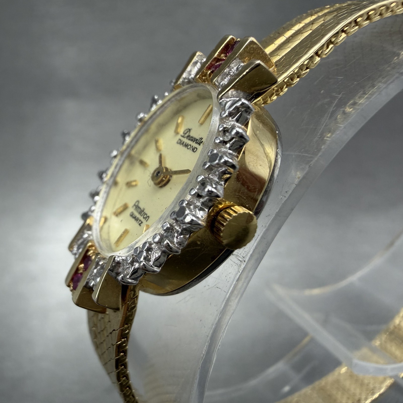 Armitron Deauville Diamond Watch Women 15mm Gold Dial Gold Ruby Oval New Battery