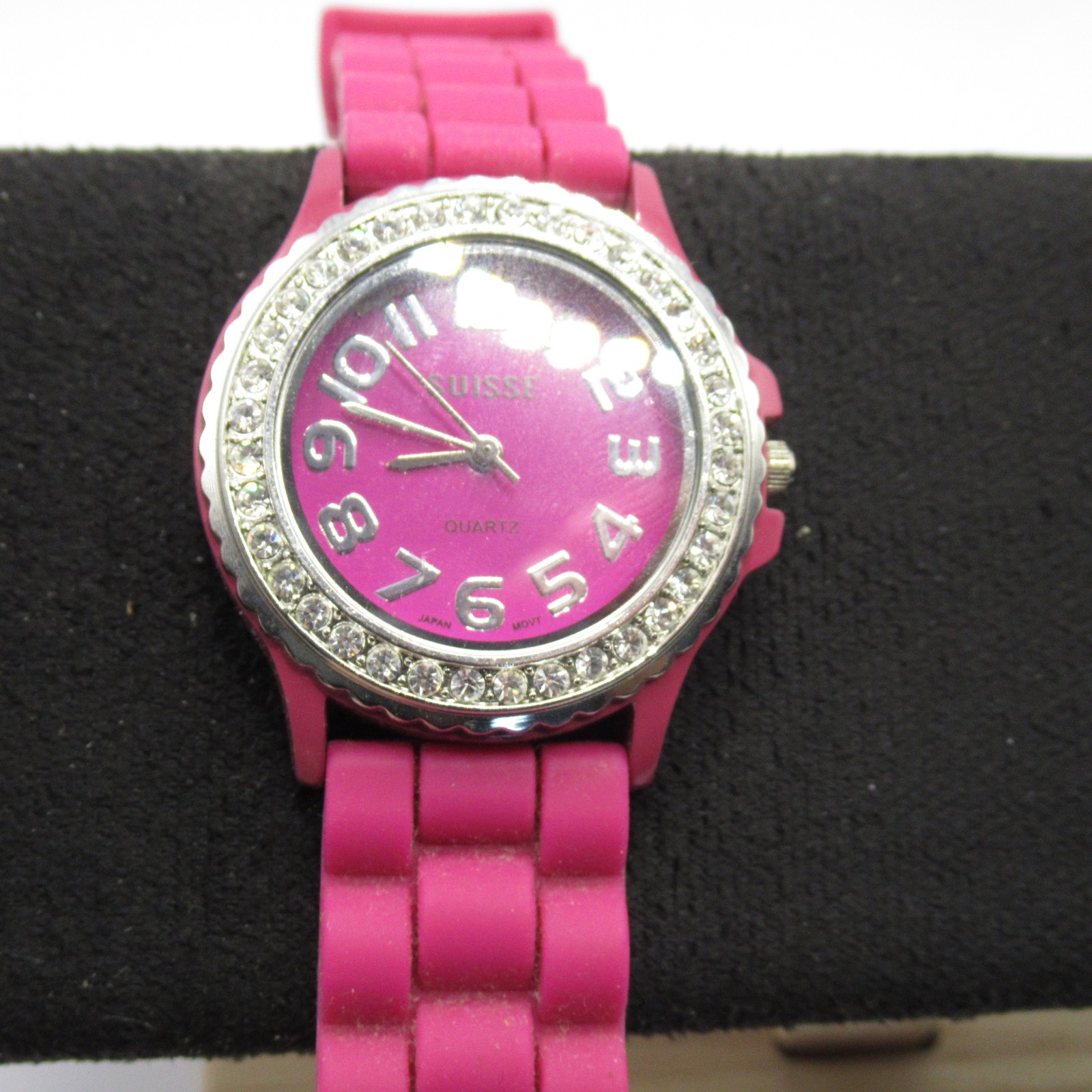 SUISSE P857 Pink Quartz Watch Rhinestone Bezel Silicone Band Stainless Steel