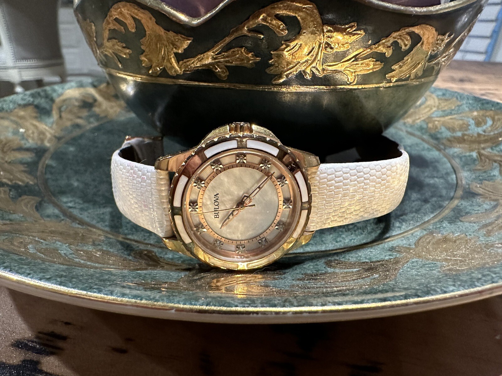 Bulova Classic Women’s Rose Gold Diamond Leather Strap Watch Classic 12 Diamonds