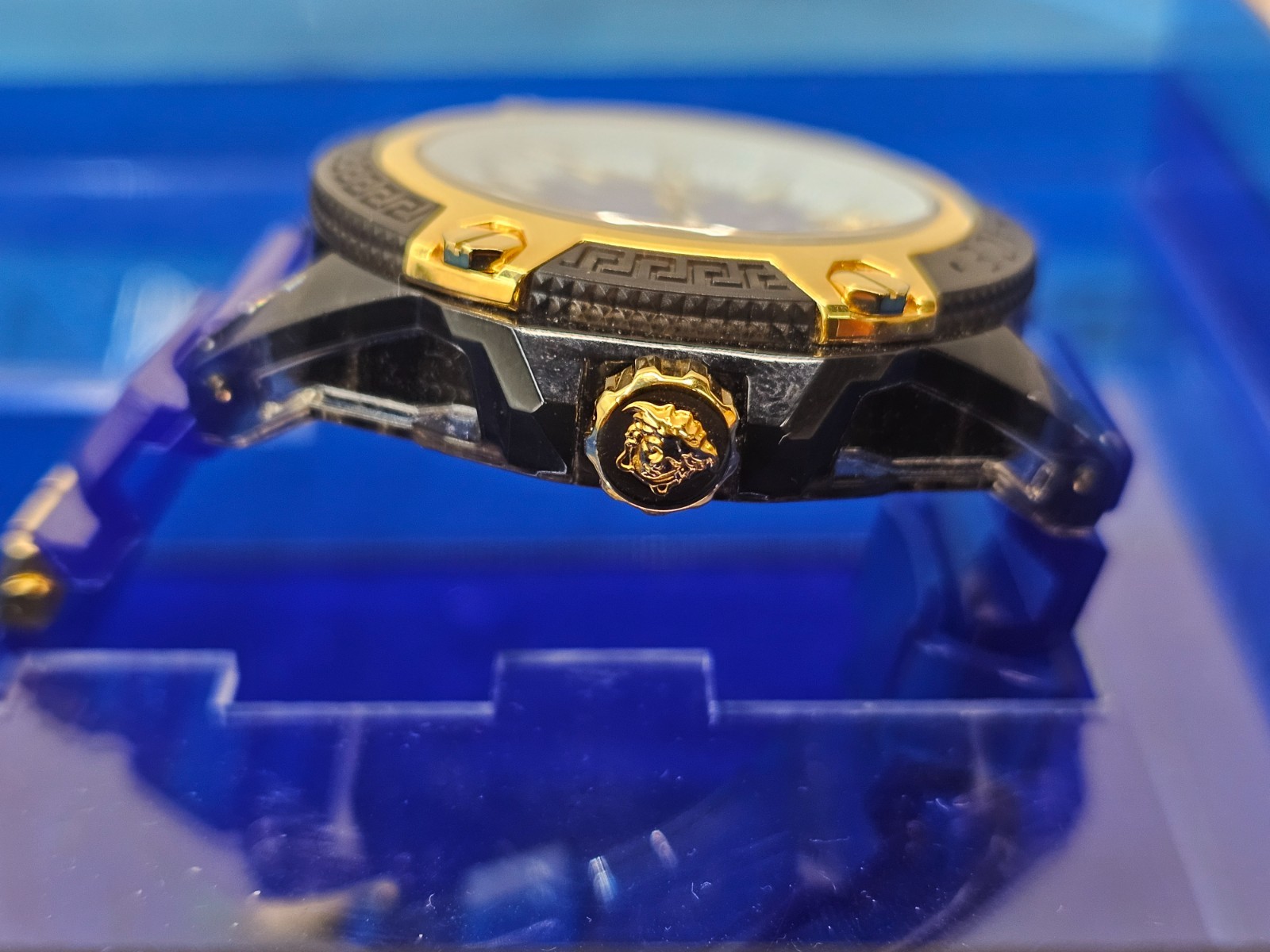 Versace Icon Active Indiglo Quartz Watch, Polycarbonate, Blue 43mm, VE6E00323
