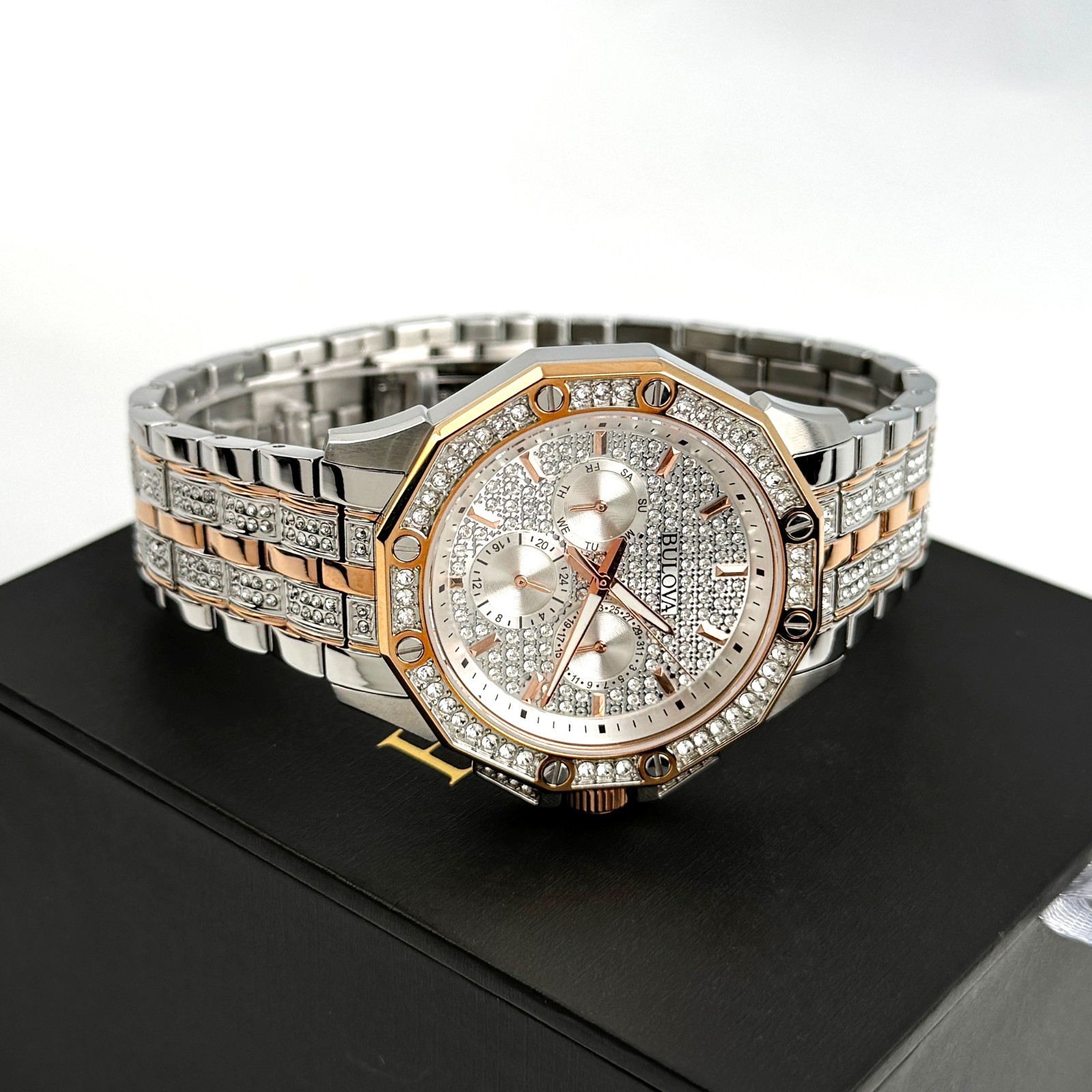 Bulova Crystal Octava 98C133 Quartz Rose Gold Dial Stainless Men’s Watch 41.5mm