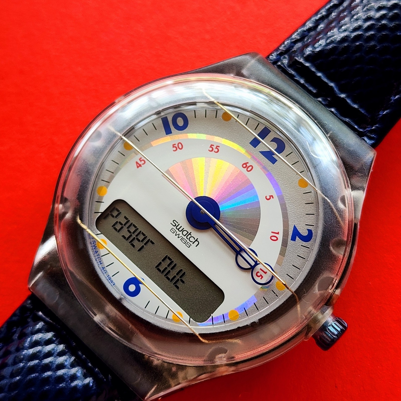 Swatch Beep Numeric Watch Blue Leather Band Pager For Repair
