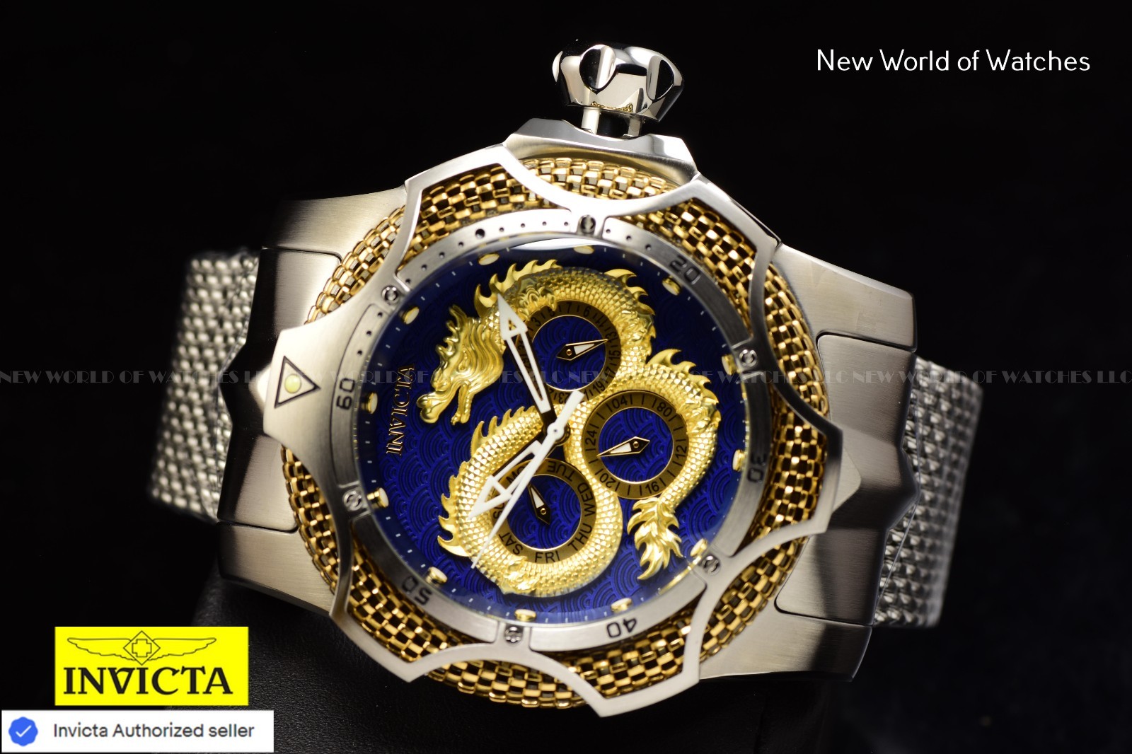 New Invicta Venom Draconis 53mm Golden Predator Silver Tone Mesh SS Chrono Watch