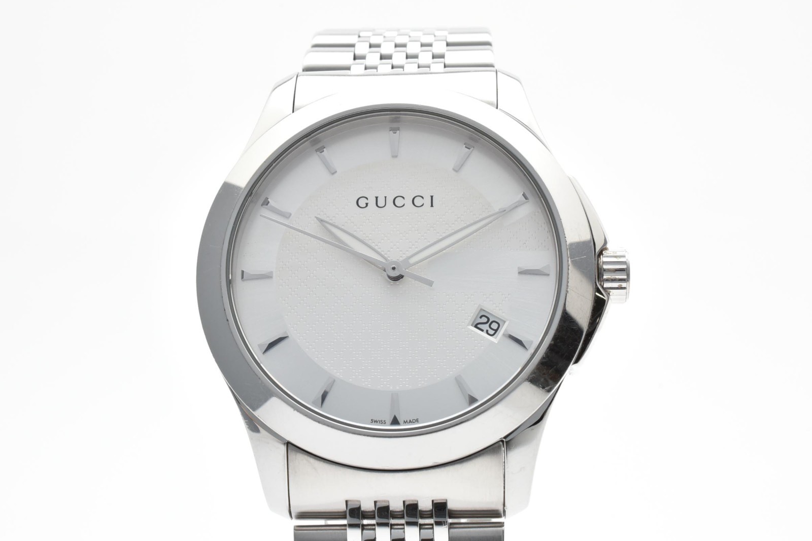 [Exc+5] GUCCI G-Timeless 126.4 Quartz Silver Dial Date Dress Men’s Watch 18cm