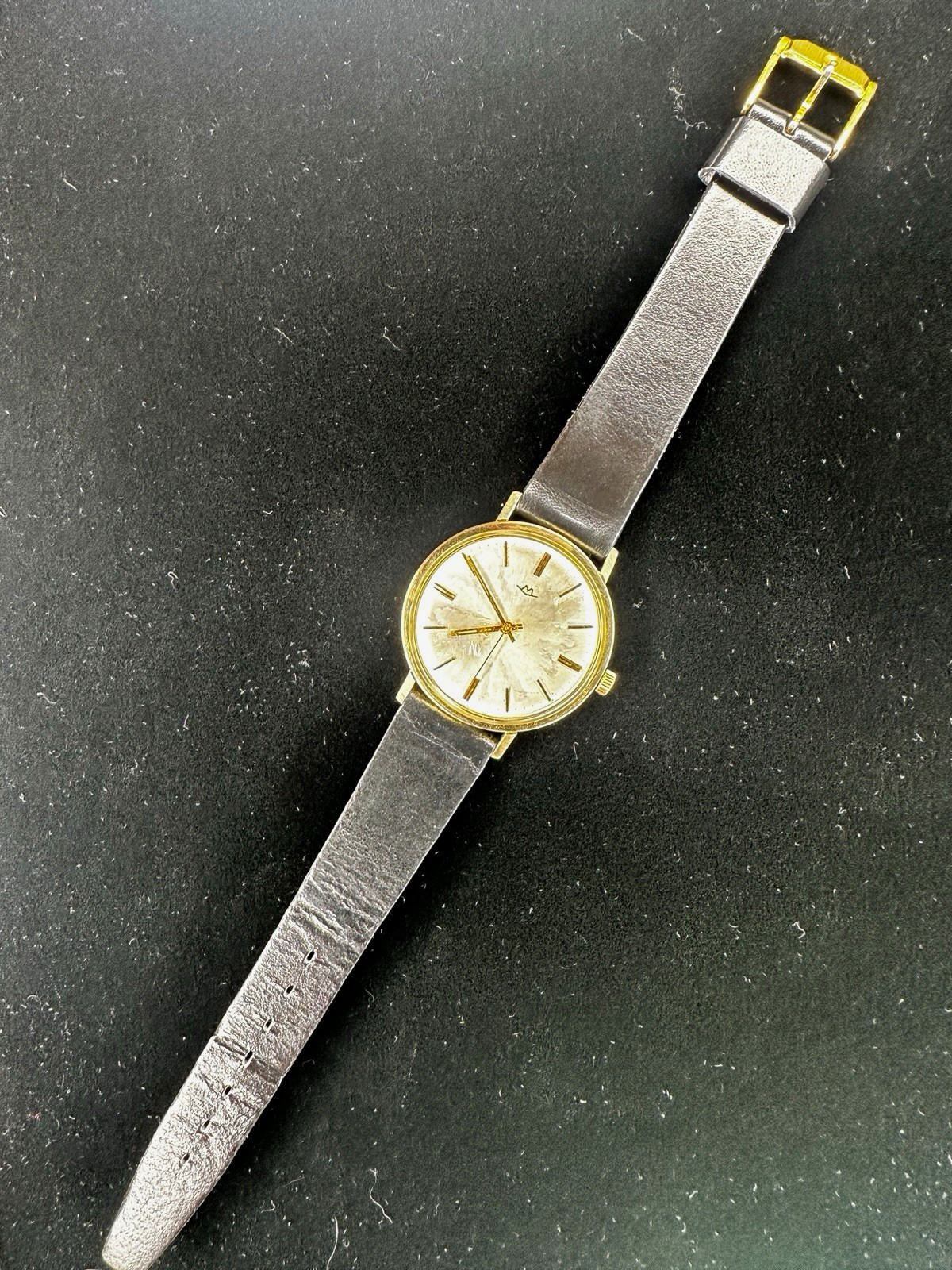 Vintage Movado Swiss Automatic 17J Gold Plated 34mm Silver Dial Black Leather