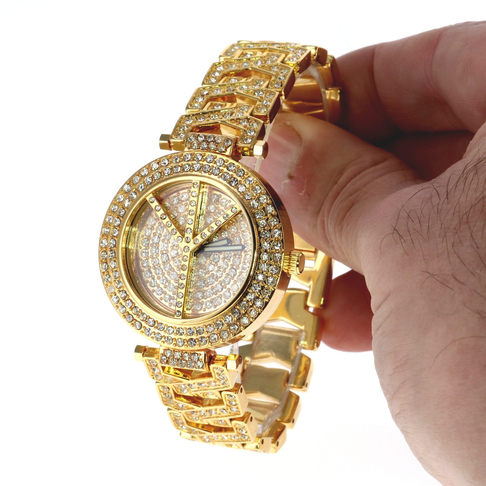 Ladies Gold Tone Fully Ice CZ Clubbing PEACE SIGN Watch 38.5mm