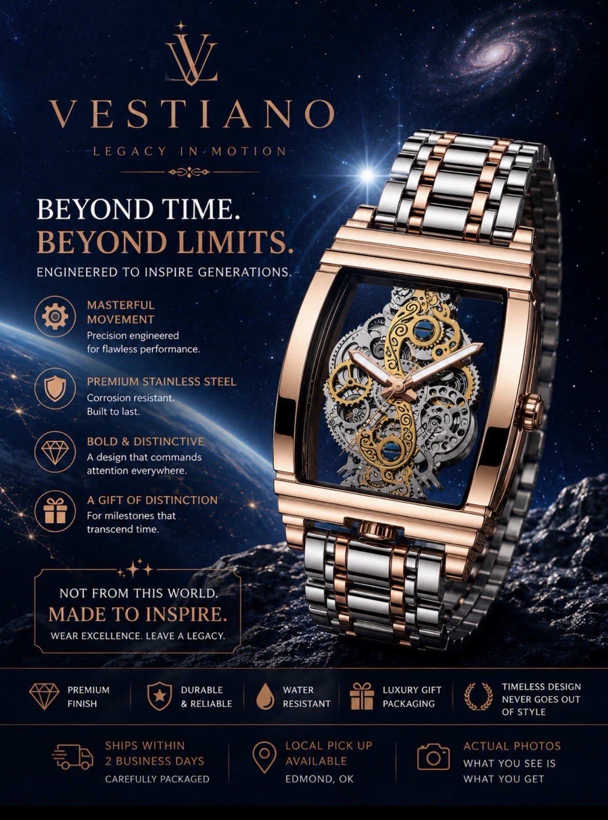 VESTIANO Luxury Two-Tone Men’s Watch | Rose Gold & Silver Stainless Steel |