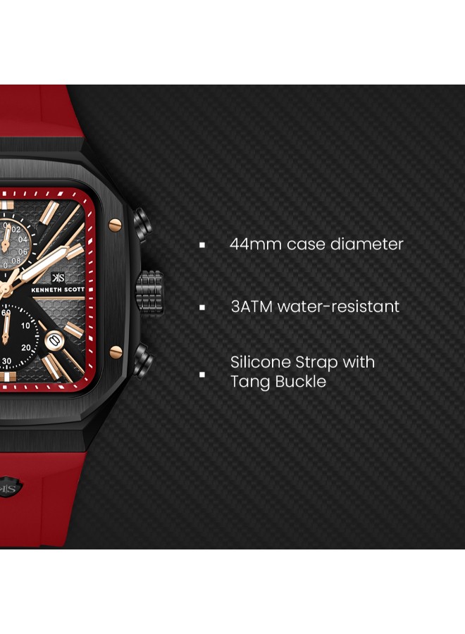Kenneth Scott Men’s Chronograph Watch | Black Dial, Red Band, 44mm, 30 m (3 ATM)