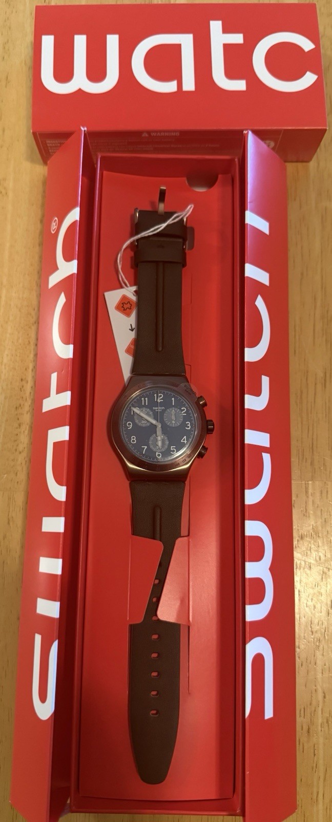 Swatch Irony Chronograph Quartz Tachymeter Blue Dial Brown Leather 43mm w/Box