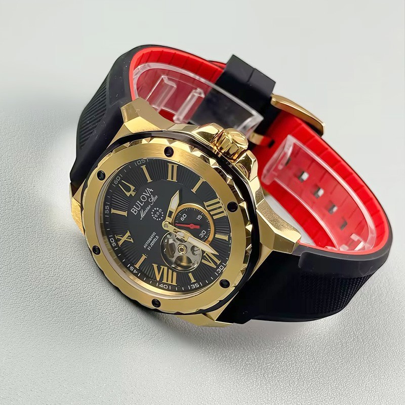 Bulova 98A272 Marine Star Automatic Men’s Watch Black Gold Dial Rubber Strap