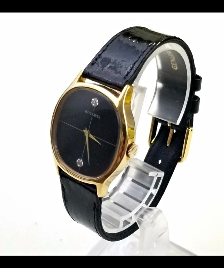 Wittnauer 17J Manual Wind Gold Tone Case Black Dial Diamond Markers Leather