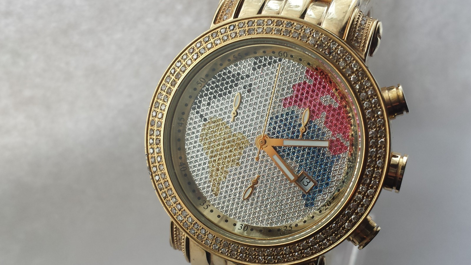 MENS JOJO RODEO 1.75 ct Diamond JCL48 Classic World Map Gold Tone Gents Watch