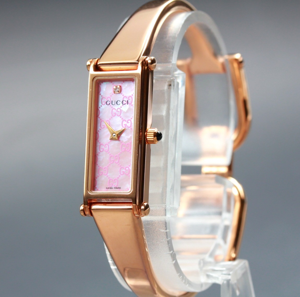 [N MINT+] Vintage Gucci 1500L 13mm Pink Logo 1P Diamond Gold Quartz Womens Watch