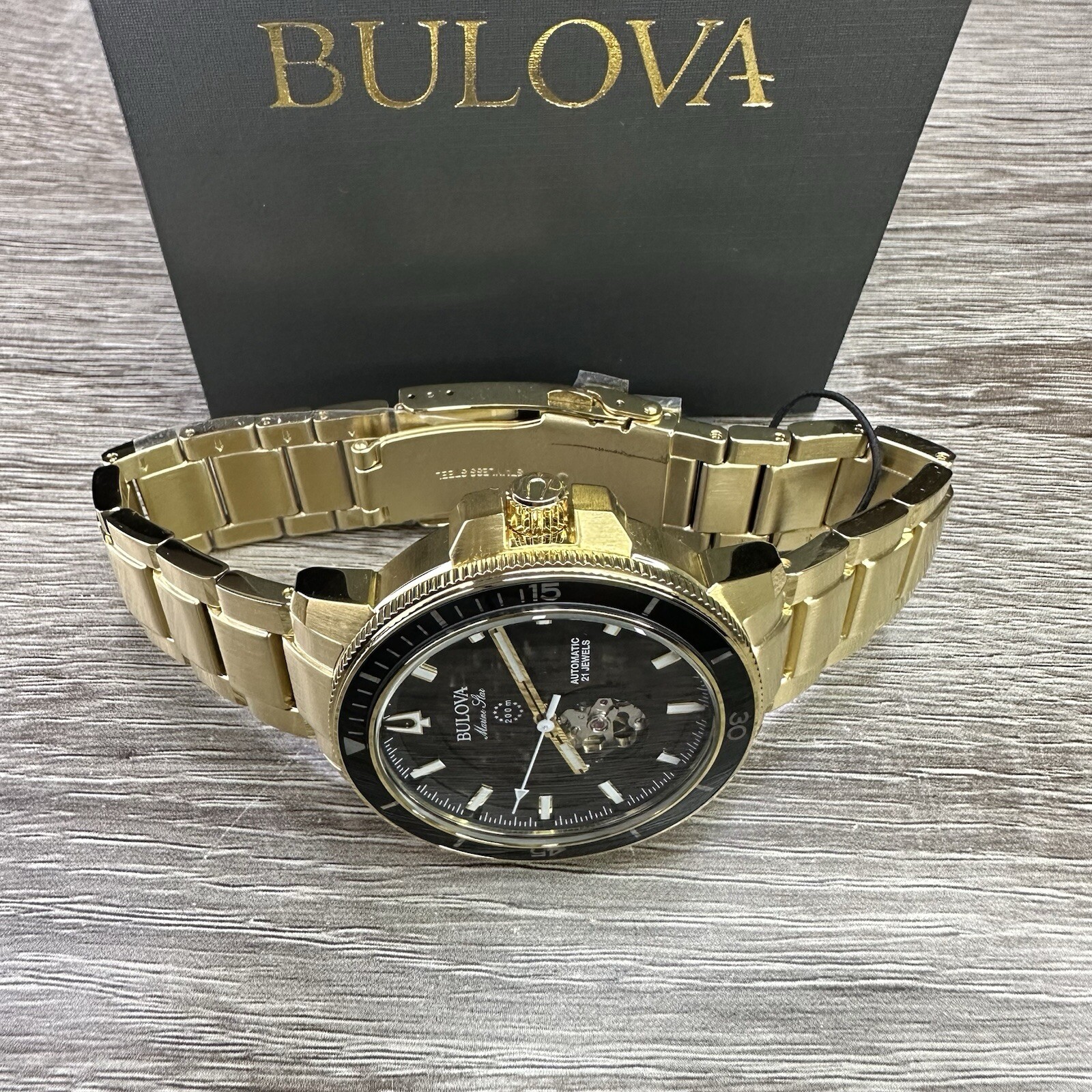 NEW✅AUTOMATIC✅ Bulova Marine Star Gold Tone Black Dial Skeleton Men Watch 97A174