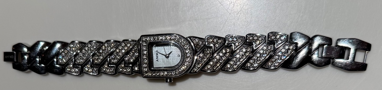 Vintage DKNY Crystal Pave D Logo Link Bracelet Watch Stainless Steel As Is