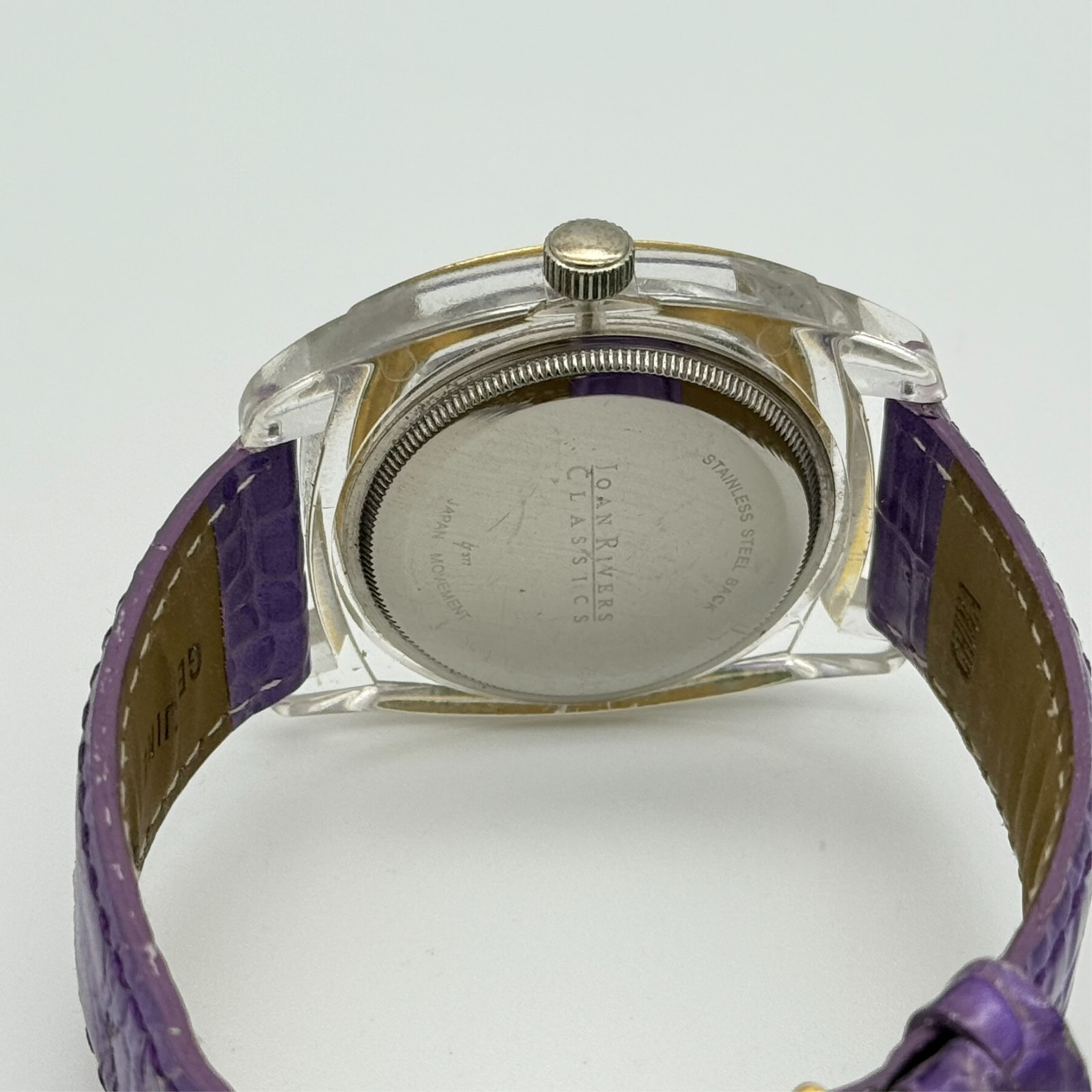 Women’s JOAN RIVERS Clear & Gold Tone 38mm Analog Watch, Purple Leather Band