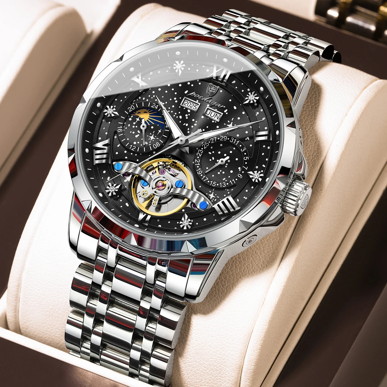 Luxury Men’s Steel Automatic Mechanical Watch, Tourbillon and Case