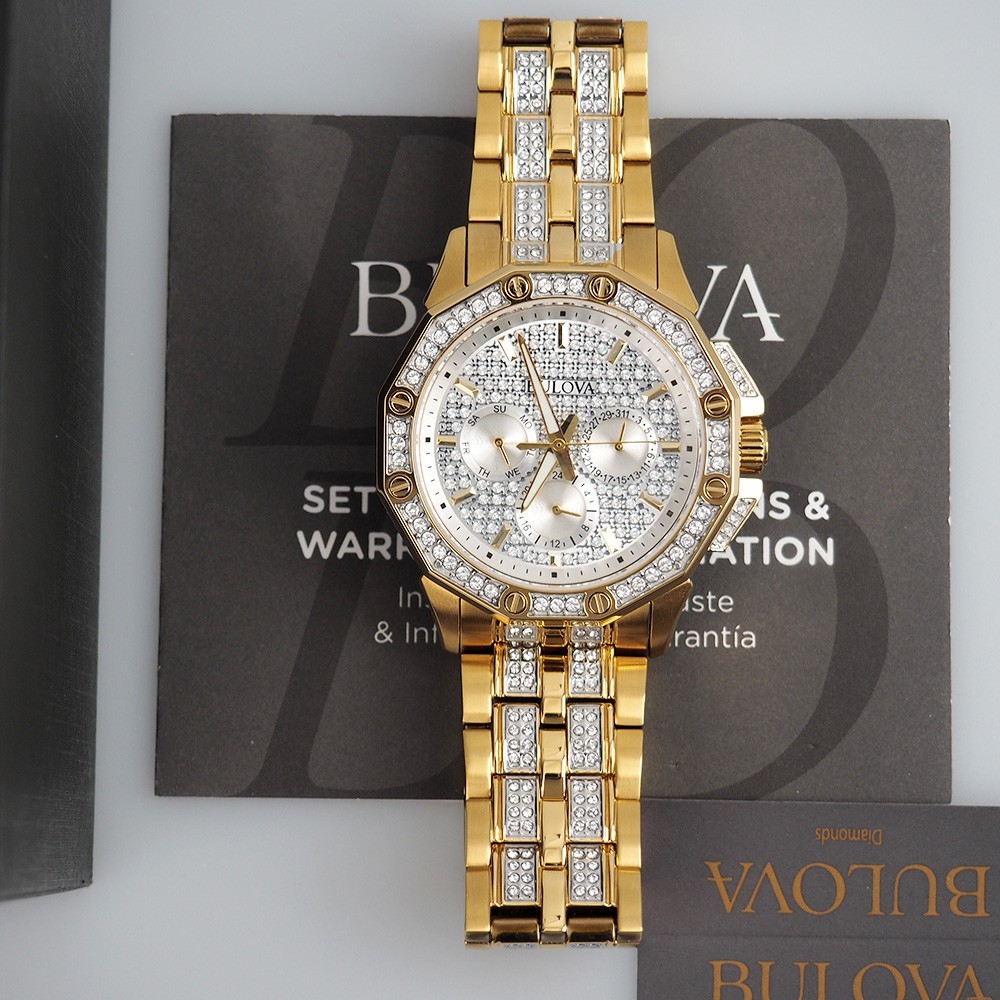 Men’s Bulova Octava Crystal Gemmed Dial Gold Stainless Steel Quartz Watch 98C126