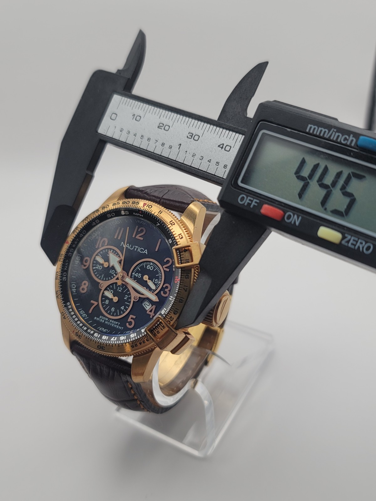 ​Nautica Flight Chronograph A31502 – Swiss Movt, 200m, Slide Rule Bezel, Leather