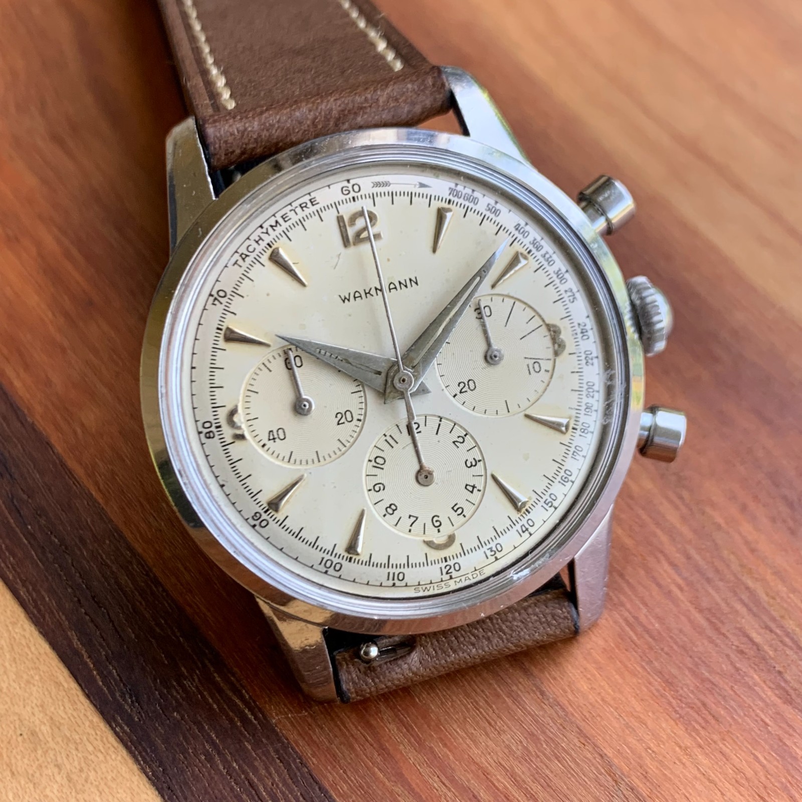 Vintage Wakmann Three Register Stainless Steel Chronograph Wristwatch