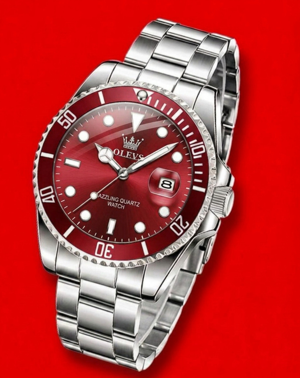 Men’s Waterproof Diver Quartz Silver Bracelet Watch Dark Red Dial Bezel Olevs