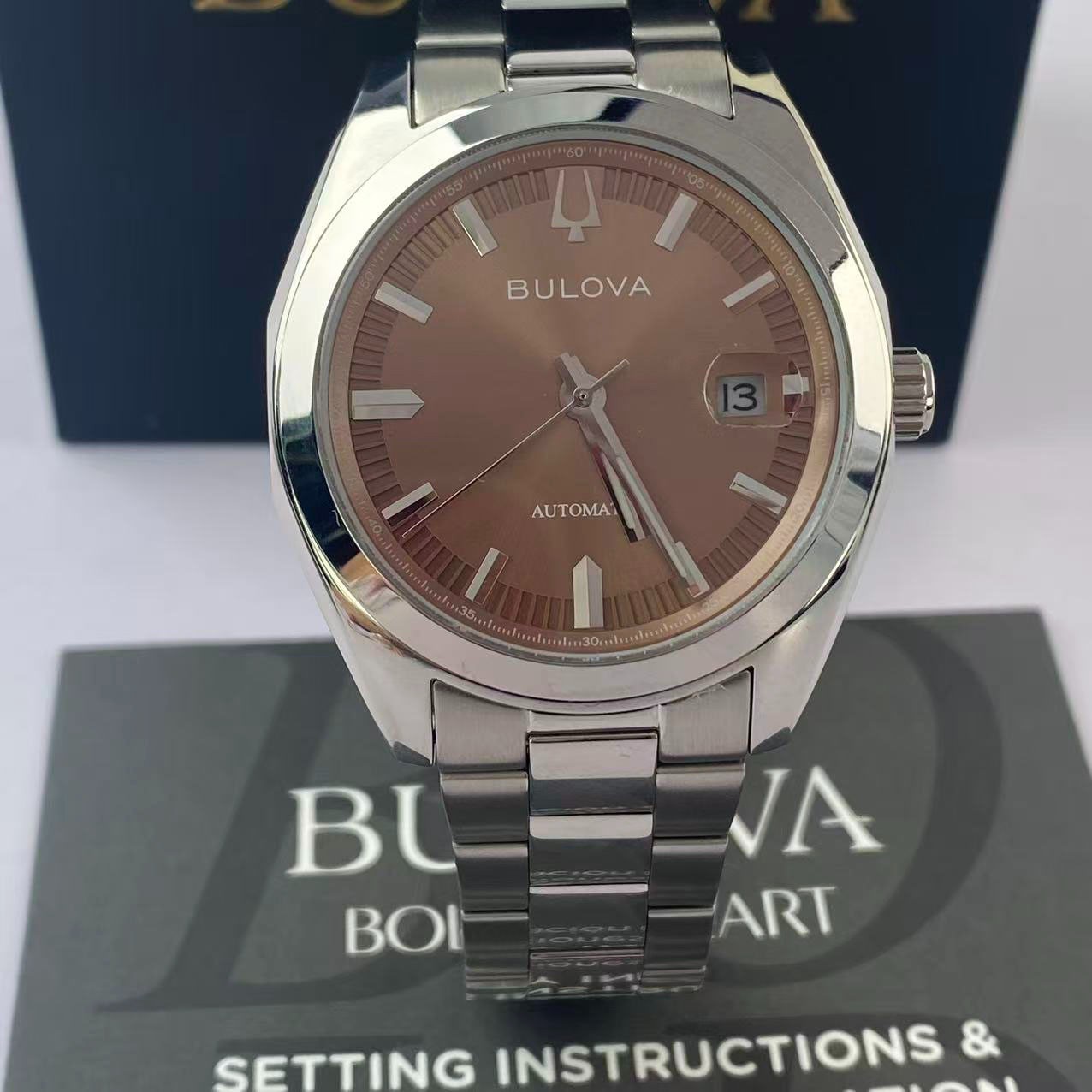 New Bulova Surveyor Men’s Automatic Watch Brown Dial Stainless Steel 96B470 39mm