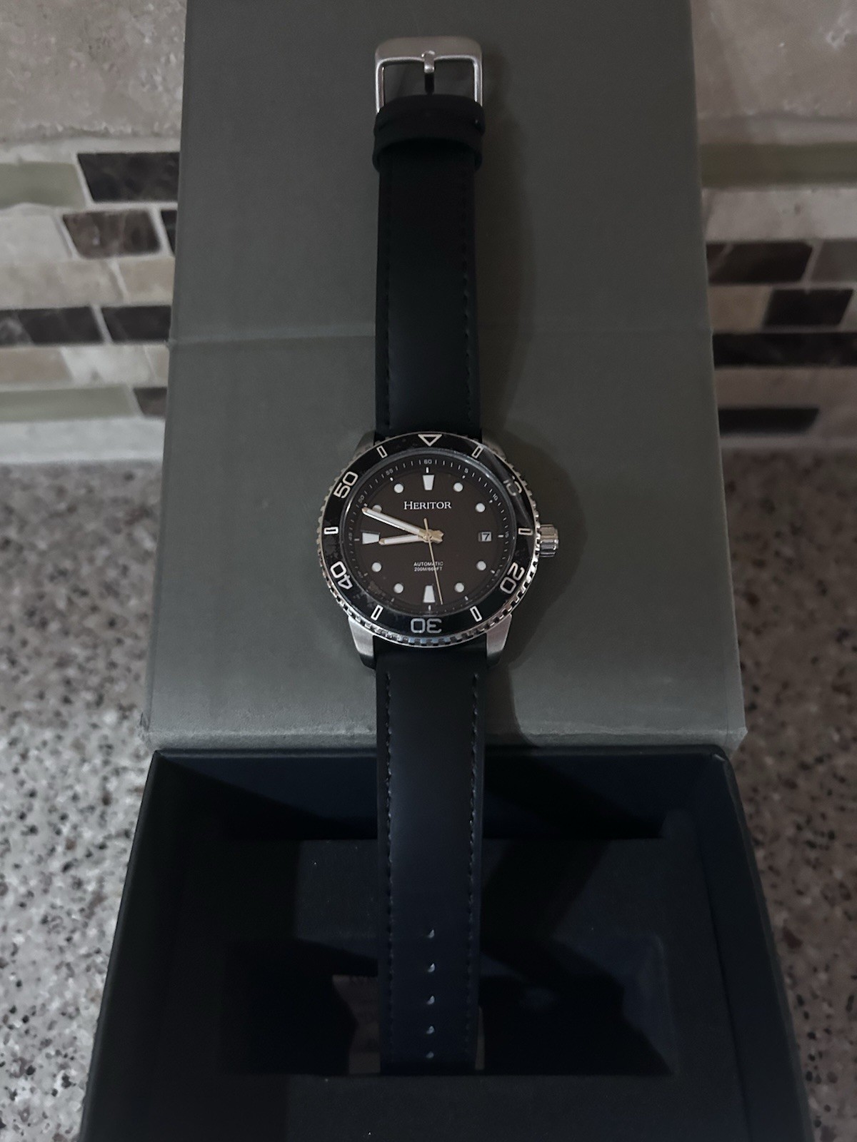 Heritor Men’s Automatic Diver Watch Black Dial Leather Strap Date w/ Box