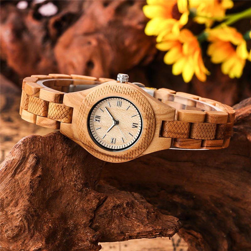 Ladies’ Full Wood Bracelet Wristwatch Vintage Quartz with Secure Folding Clasp