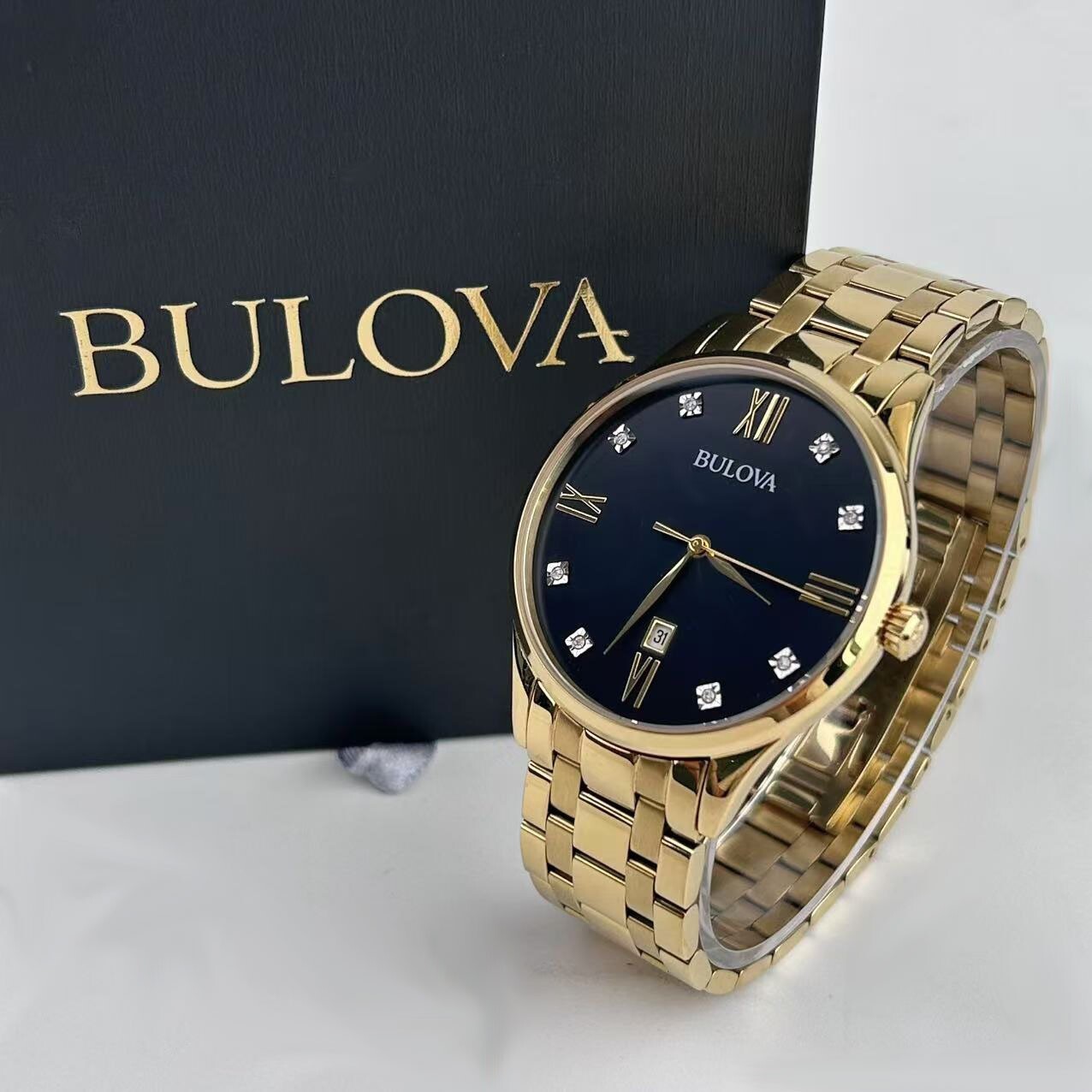 Bulova 97D108 Diamond Black Dial Gold Bracelet Classic Men’s Quartz Watch 40mm