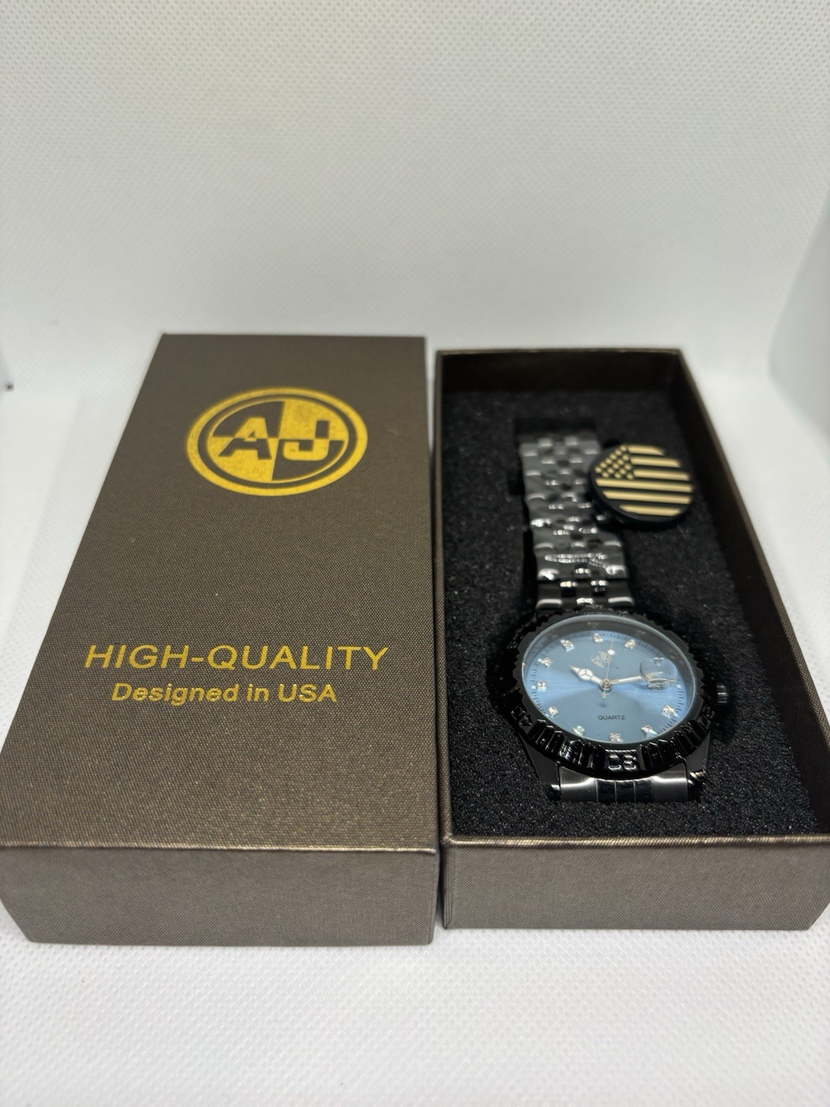 Mens Black Stainless Steel Blue Dial Quartz Watch Date Display New