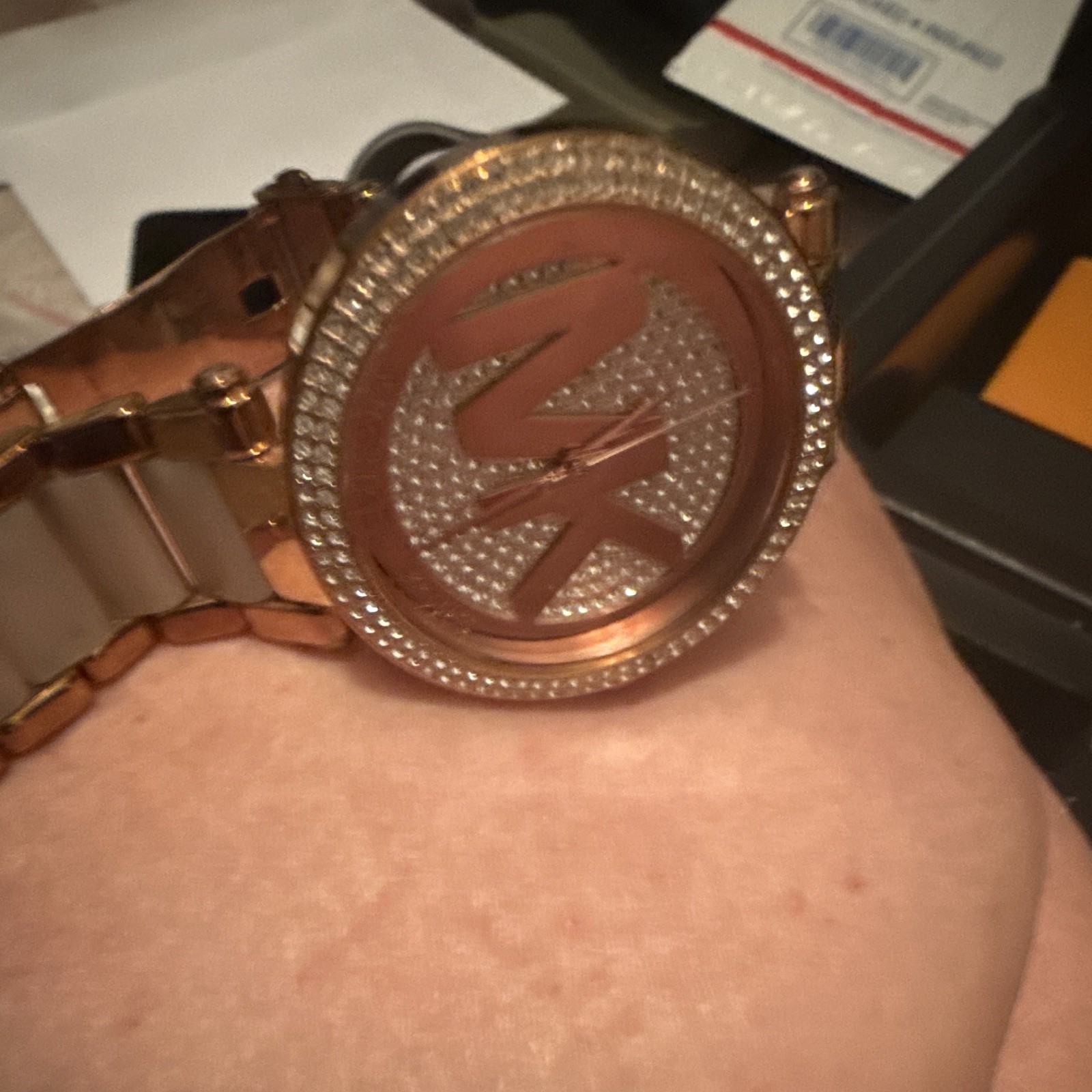 Michael Kors MK Rose Gold-Tone Quartz Logo Dial Gem-Set Bezel Bracelet