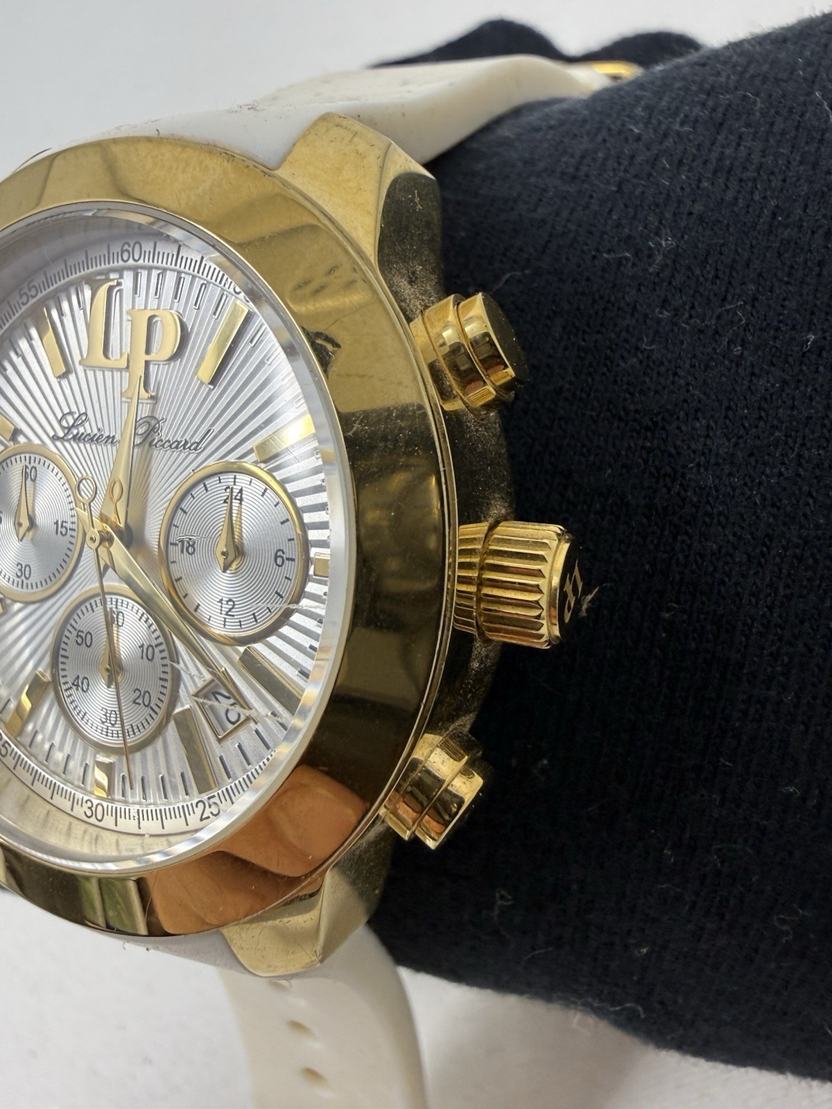 Lucien Piccard LP Chronograph Watch White Dial Silicone Strap Runs New Battery