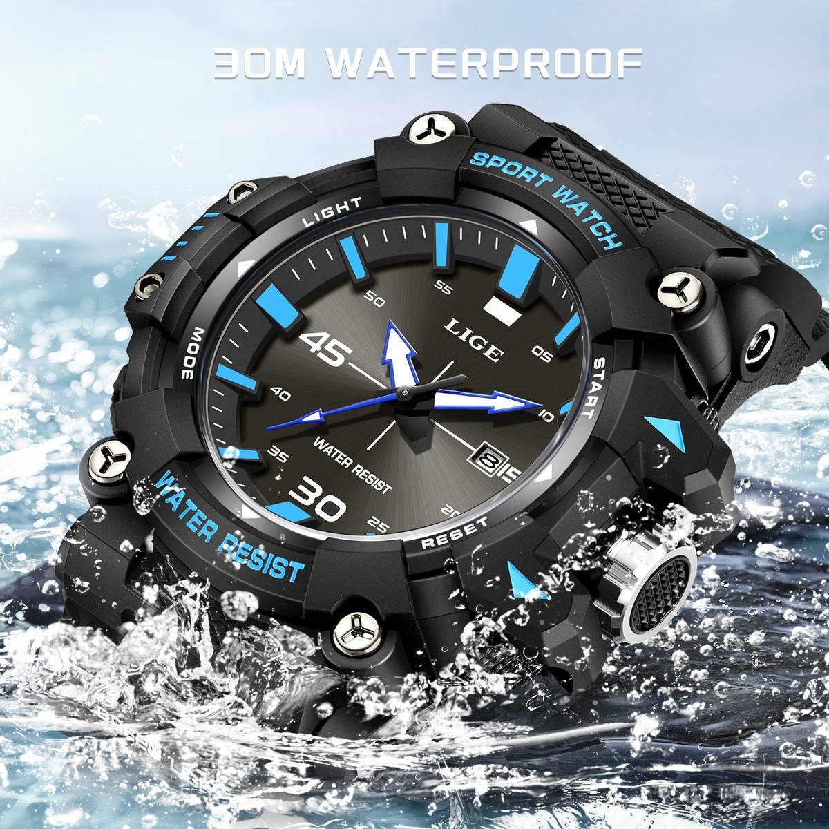 LIGE Men Watch Big Dial Quartz Analog Date Luminous Waterproof Sports Wristwatch