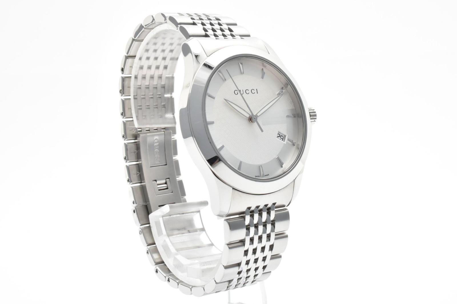 [Exc+5] GUCCI G-Timeless 126.4 Quartz Silver Dial Date Dress Men’s Watch 18cm