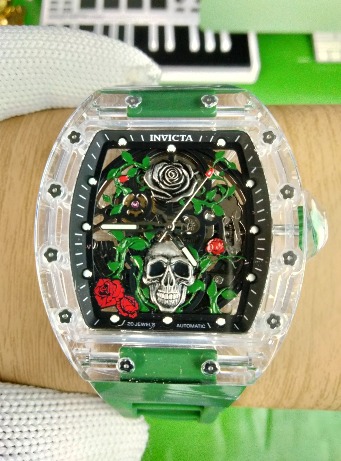 Invicta Roseskull Artist Automatic Men Watch 69497 K9 Glass Case Grn Strap WR30M