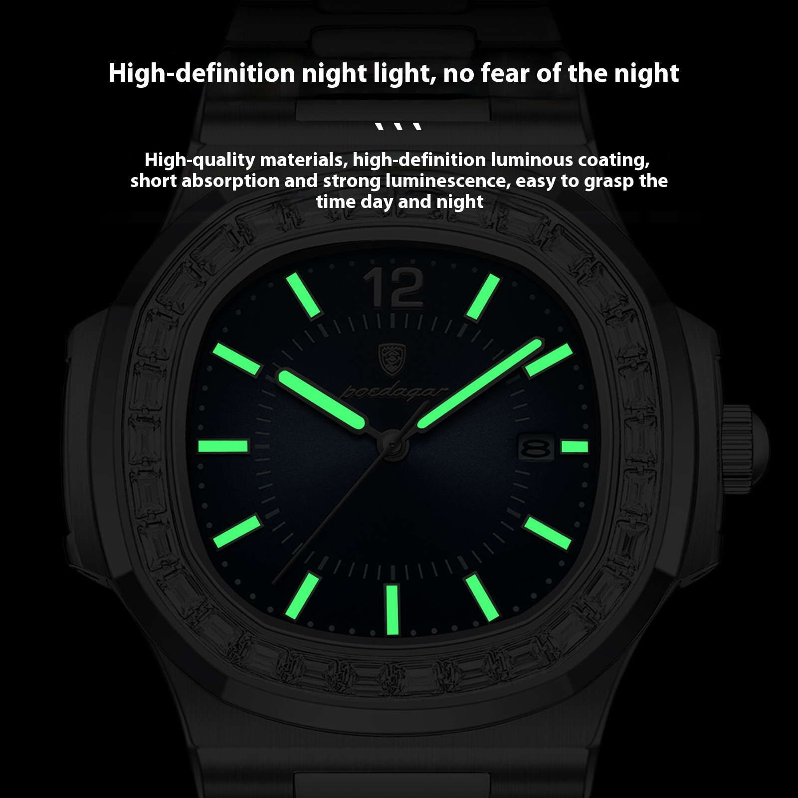 POEDAGAR Men Quartz Watch Diamond Bezel Stainless Steel Band Waterproof Date
