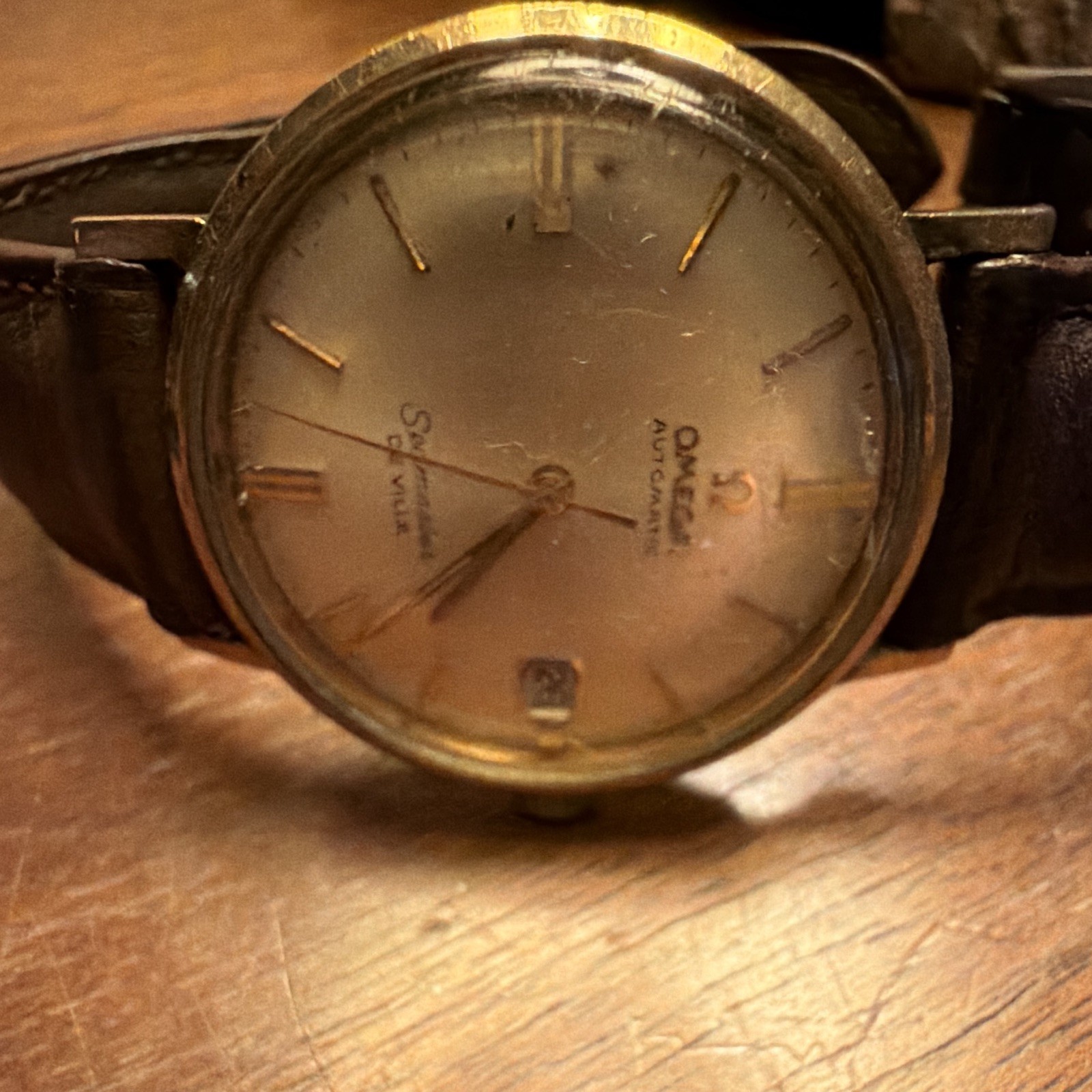 OMEGA Seamaster De Ville Auto Date Gold-Plated Champagne Dial Brown Leather OBO.