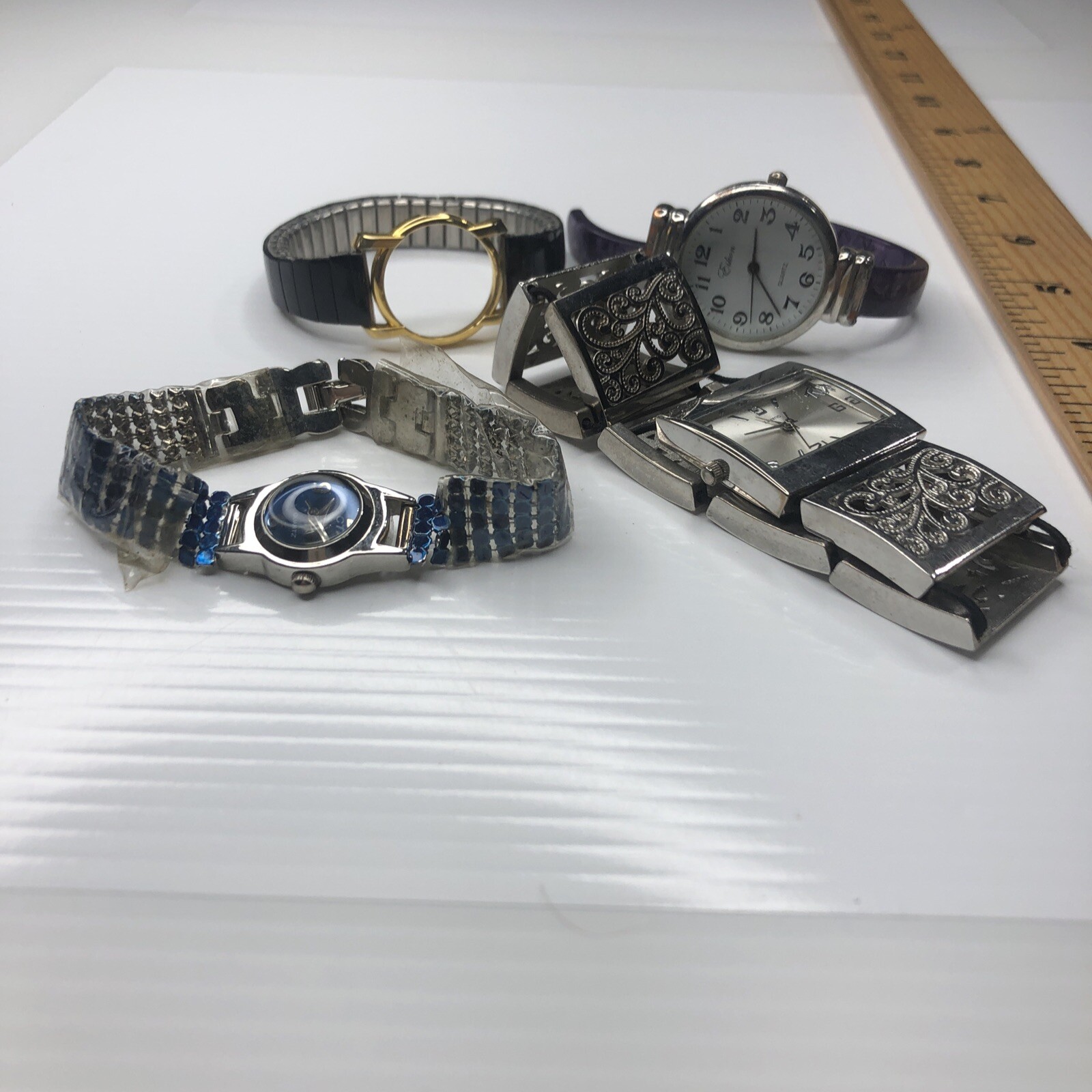 F Eikon CTNY Purple Blue Stainless Retro Stretch Cuff Watch Repairs Untested