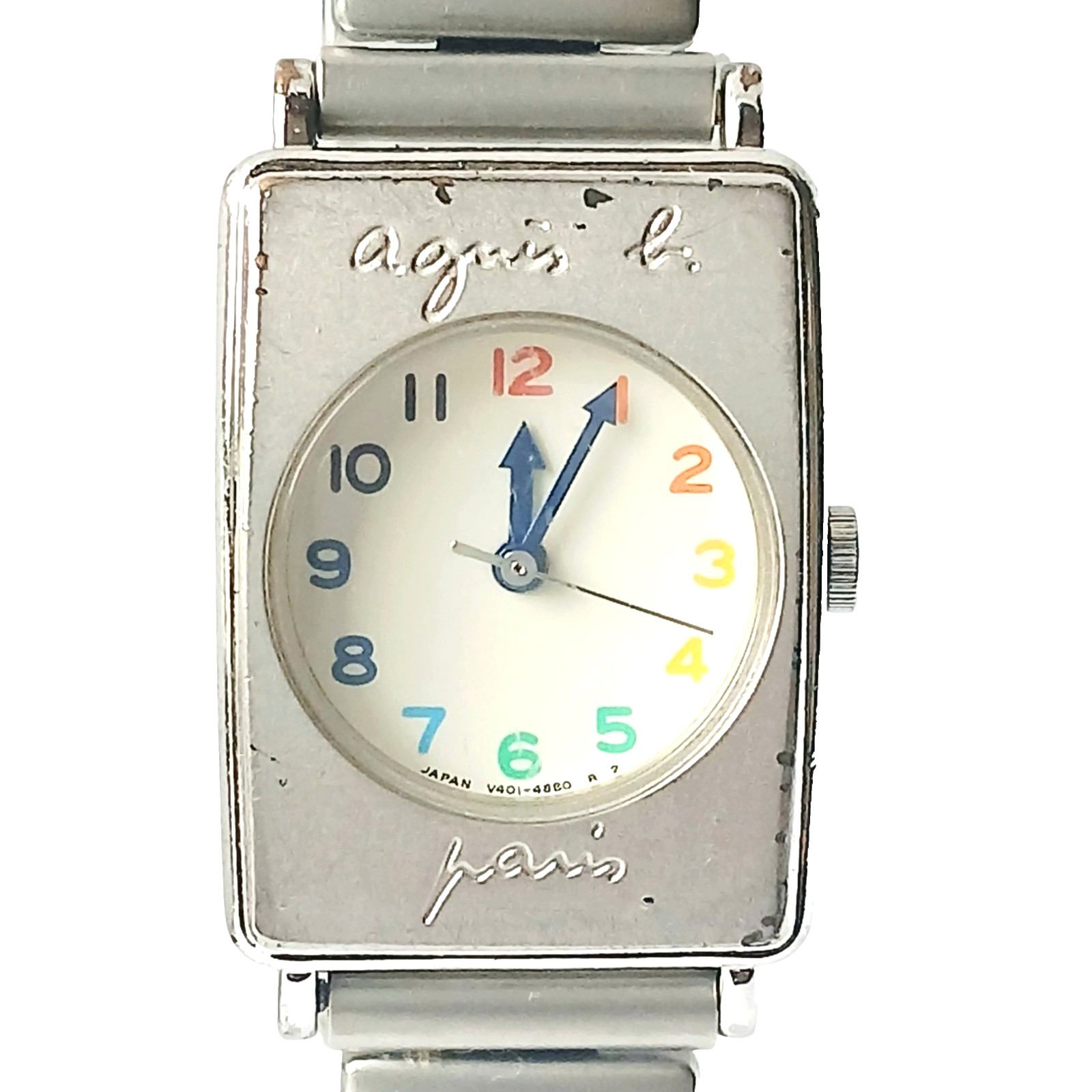 Agnes b. Paris Colorful Numeric Watch Seiko V401 Rectangle Silver Y2K 00 Japan
