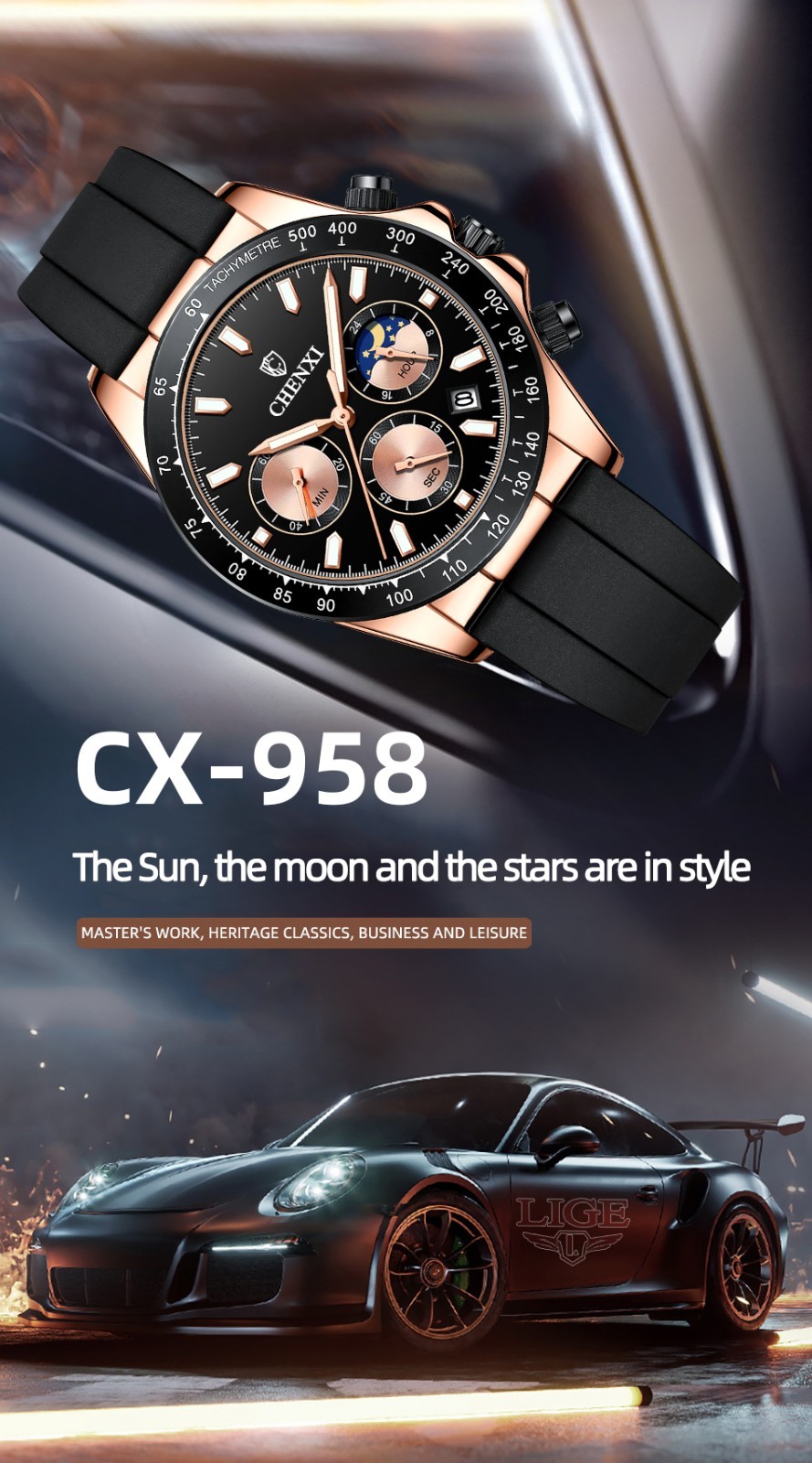 CHENXI Men’s Rose Luminous Calendar Chronograph Moon Phase Business Quartz Watch