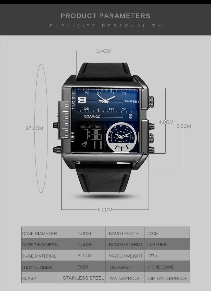 BOAMIGO Big Square Dial 3 TimeZone Stylish Watch For Men