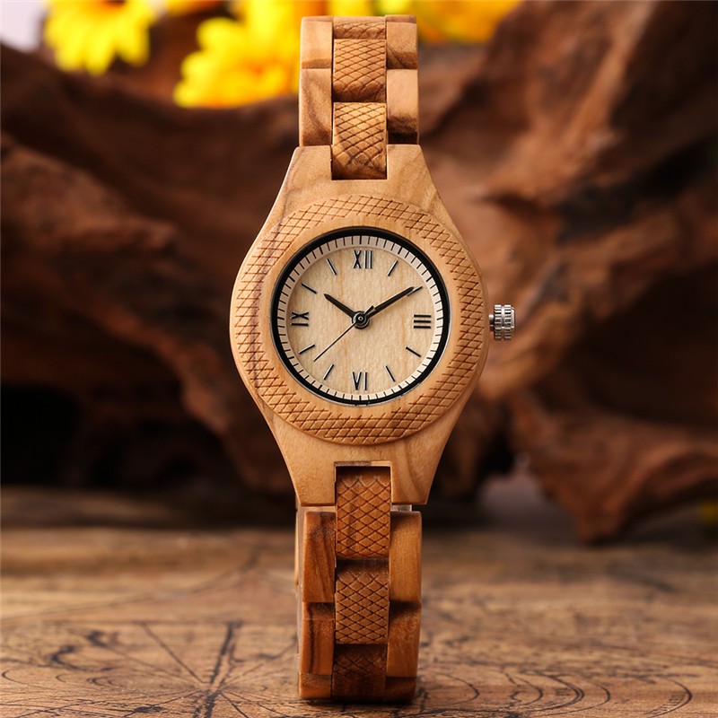Trendy Vintage Watch for Women Unique Full Wooden Band & Folding Clasp Quartz