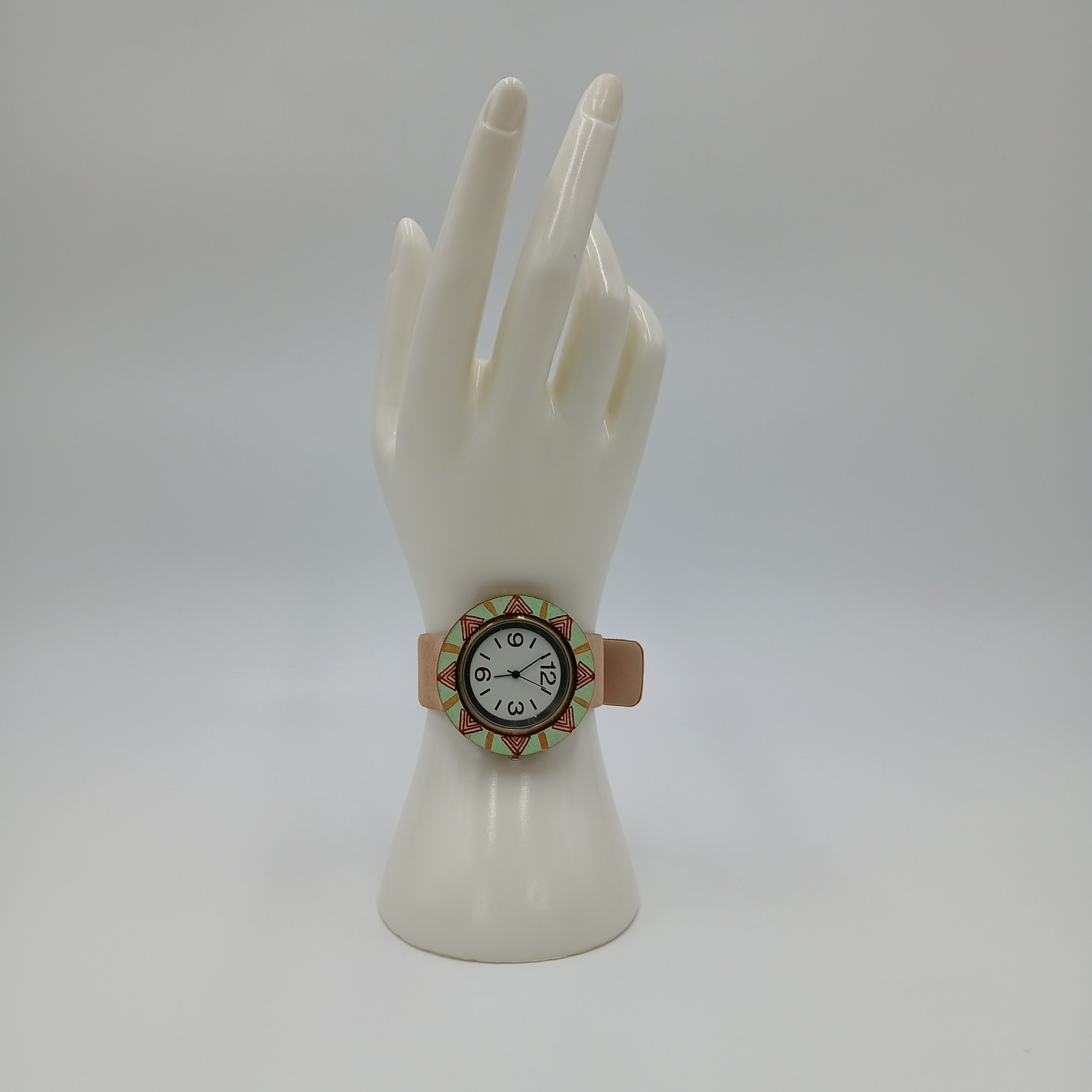 B Swap Watch 8in Wrist Tan Suede Hand Painted Aztec Teal Bezel Quartz WORKS