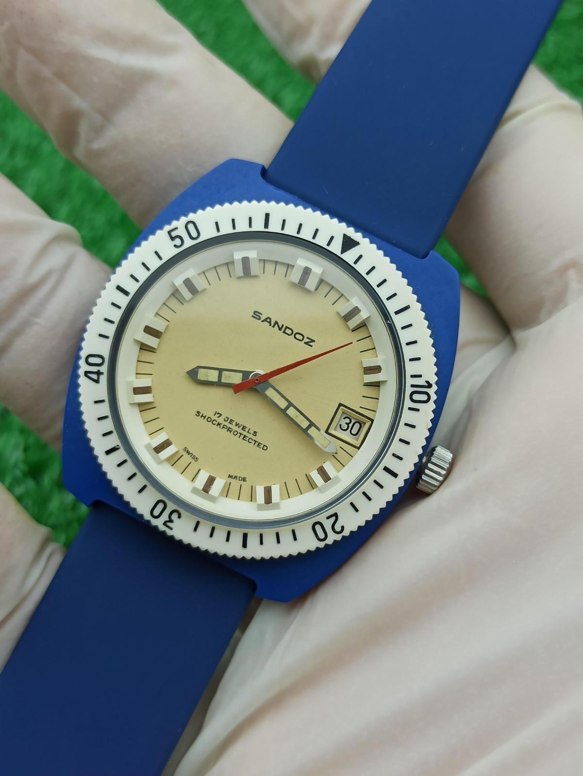 HYPER-RARE SANDOZ INCABLOC JUMBO DIVER BLUE WATCH MECHANICAL SWISS 1970s
