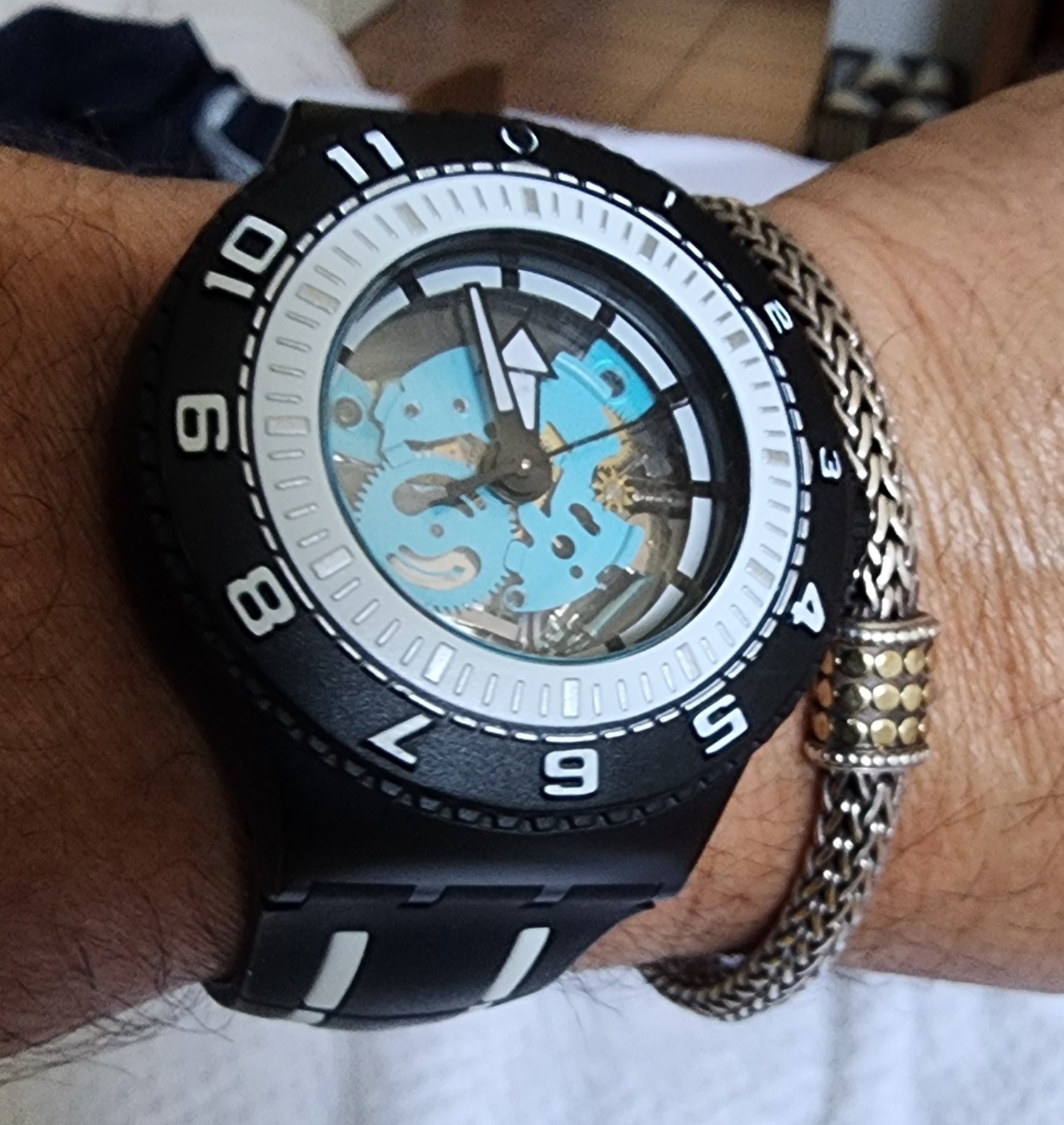 Swatch Irony Skeleton Swiss Made Quartz 40mm Skeleton Dial Rotating Bezel 30m