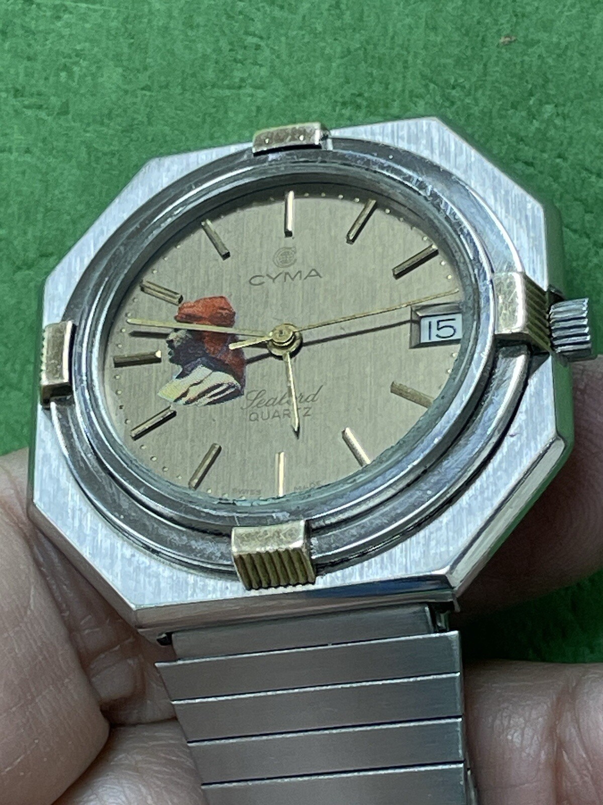 SWISS Cyma President Saddam Hussein Iraq Watch Men Black Dial SS 18k Gold R35