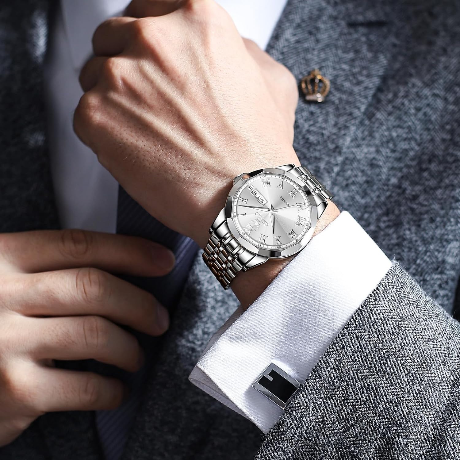 Stylish 41mm Men’s Watch: Waterproof Quartz with Roman Numerals & Classic Design